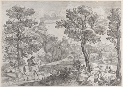 Grupa ludzi grających w karty po prawej i mężczyzna na koniu po lewej, 1626-80. autorstwa Giovanni Francesco Grimaldi