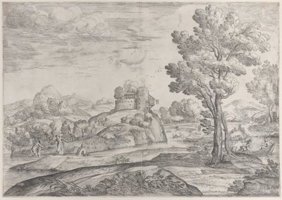 Dom na szczycie okrągłej skały pośrodku, ludzie w rzece iw kajakach, 1626-80. autorstwa Giovanni Francesco Grimaldi