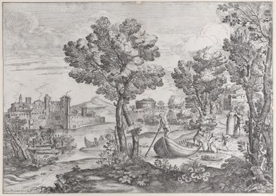 Pejzaż z mężczyzną trzymającym węża do przerażonego dziecka, obserwowany przez modną dre..., 1626-80. autorstwa Giovanni Francesco Grimaldi