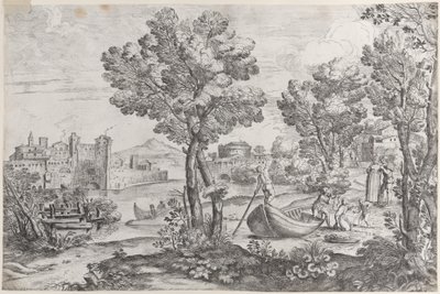 Pejzaż z mężczyzną trzymającym węża do przerażonego dziecka, obserwowany przez modną dre..., 1626-80. autorstwa Giovanni Francesco Grimaldi