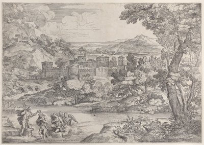 Chrzest Chrystusa u dołu po lewej, w krajobrazie, 1626-80., 1626-80. autorstwa Giovanni Francesco Grimaldi
