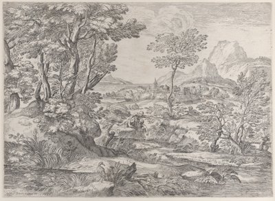 Trzech chłopców w krajobrazie z miastem w tle, 1626-80. autorstwa Giovanni Francesco Grimaldi