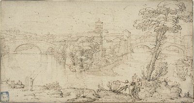 Widok na Isola Tiberina autorstwa Giovanni Francesco Grimaldi