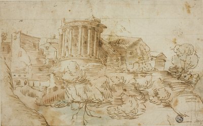 Widok na świątynię Westy, Tivoli autorstwa Giovanni Francesco Grimaldi