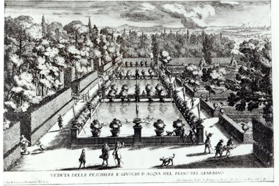 Stawy rybne w Villa dEste, Tivoli, z Le Fontane Giovanniego Battisty Faldy (ok. 1648-1787), wydane przez 1689 autorstwa Giovanni Francesco Venturini