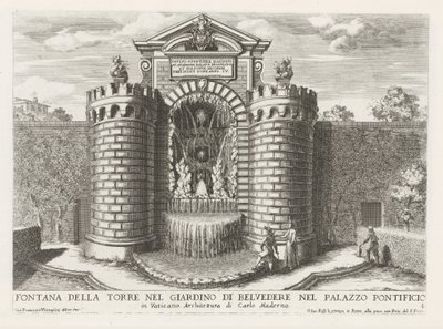 Fontein in de Vaticaanse tuinen Fontanna na wieży w ogrodzie Belweder w Pałacu Papieskim (...) (tytuł na obiekcie) Fontanny w pałacach i ogrodach Rzymu (tytuł serii) Fonteinen in de paleizen en tuinen van Rome (tytuł serii) autorstwa Giovanni Francesco Venturini