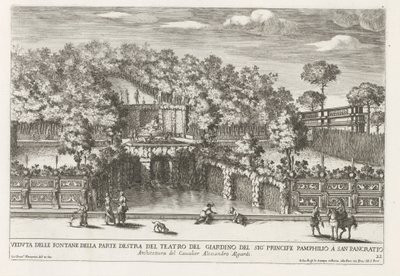 Fontein in de tuinen van Villa Doria Pamphilj te Rome Widok fontann po prawej stronie teatru ogrodowego (...) (tytuł na obiekcie) Fontanny w pałacach i ogrodach Rzymu (tytuł serii) Fonteinen in de paleizen en tuinen van Rome (seria autorstwa Giovanni Francesco Venturini
