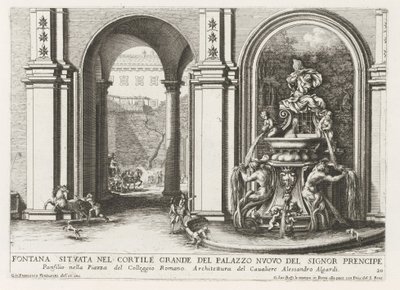Fontein in een binnenplaats van het Palazzo Doria Pamphilj te Rome Fontanna znajdująca się na dużym dziedzińcu Palazzo Nuovo del Signor prencipe (...) (tytuł na obiekcie) Fontanny w pałacach i ogrodach Rzymu (tytuł serii) Fonteinen in de paleizen en tu autorstwa Giovanni Francesco Venturini