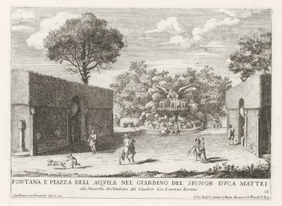 Fontein spotkał adelaar in de tuinen van de Villa Celimontana te Rome Fontanna i piazza del aquila w ogrodzie pana księcia Mattei (...) (tytuł na obiekcie) Fontanny w pałacach i ogrodach Rzymu (tytuł serii) Fonteinen in de paleizen en tuinen van R autorstwa Giovanni Francesco Venturini