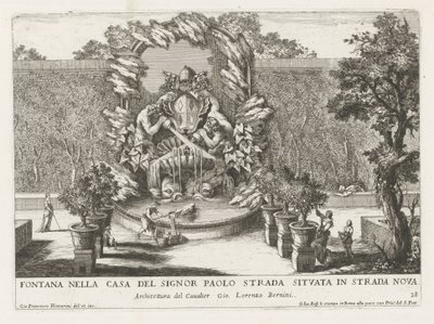 Fontanna z herbem papieskim, dwoma trytonami i delfinami Fontana nella casa del signor Paolo strada situata in strada nova (tytuł na obiekcie) Le fontane ne palazzi e ne giardini di Roma (tytuł serii) Fontanny w pałacach i ogrodach Rzymu ( autorstwa Giovanni Francesco Venturini