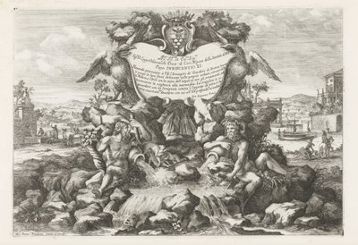 Fontanna z dedykacją i herbem Livio Odescalchi Le fontane ne palazzi e ne giardini di Roma (tytuł serii) Fontanny w pałacach i ogrodach Rzymu (tytuł serii) autorstwa Giovanni Francesco Venturini
