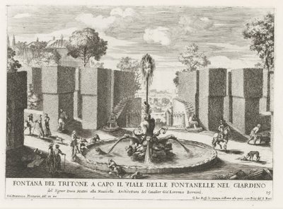 Fontein spotkał Tritona w de tuinen van de Villa Celimontana te Rome Fontanna Trytona na czele alei fontann w ogrodzie (...) (tytuł na obiekcie) Fontanny w pałacach i ogrodach Rzymu (tytuł serii) Fonteinen in de paleizen en tuinen van autorstwa Giovanni Francesco Venturini