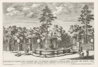 Fontein van Narcissus in de Villa Borghese w Rzymie Fontanna Narcyza w ogrodzie Pana Księcia Borghese (...) (tytuł na obiekcie) Fontanny w pałacach i ogrodach Rzymu (tytuł serii) Fonteinen in de paleizen en tuinen van Rome (tytuł serii) autorstwa Giovanni Francesco Venturini