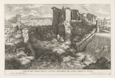Landschap met waterval en tempel van de Tiburtijnse Sibille t i Tivoli Widok z boku na główny wodospad rzeki Aniene w Tivoli (tytuł na obiekcie) Fontanny ogrodu Estense w Tivoli (tytuł serii) Fonteinen in de tuinen van Villa d
