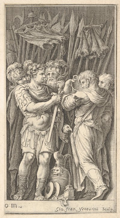 Żołnierze, jeden pokazany frontalnie i trzymający miecz, po prawej żołnierz ze swoją ba..., ok. godz. 1650-1700. autorstwa Giovanni Francesco Venturini