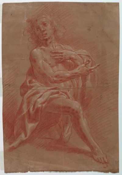 Rysunek przedstawiający klęczącego mężczyznę na obrazie Adoracja pasterzy, 1601-1650 autorstwa Giovanni Giacomo Barbelli