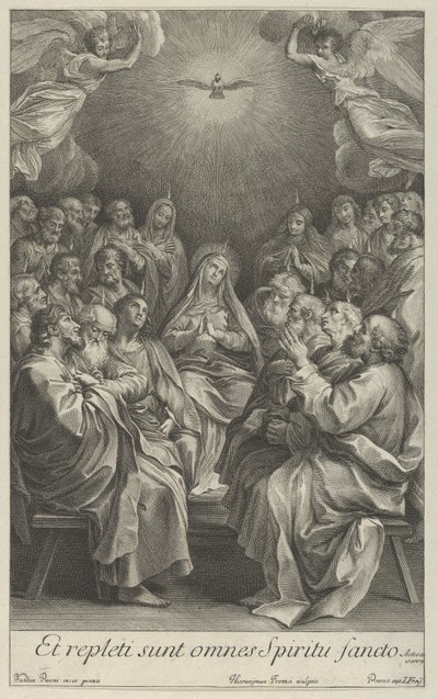 Dziewica z apostołami patrząca w górę w kierunku Świętej Gołębicy i dwóch aniołów, według Reni, 1700-50. autorstwa Giovanni Girolamo Frezza