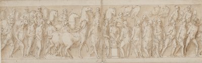 Pojmane kobiety są zabierane (koniec LXXIII); parada ratowników (LXXIV); Marcus Aurelius składa ofiary na ołtarzu (LXXV); Marek Aureliusz ogląda atak (początek LXXVI) autorstwa Giovanni Guerra