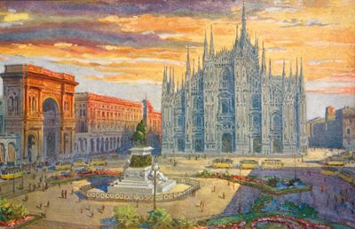 Milano / Mediolan: Piazza del Duomo (kolorowa litografia) autorstwa Giovanni Guerzoni
