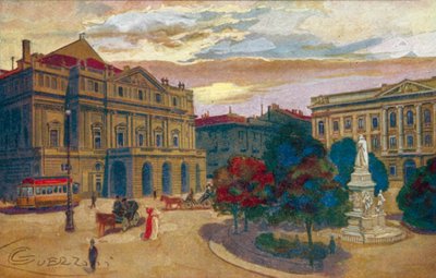 Milano / Mediolan: Piazza i Teatro della Scala (kolorowa litografia) autorstwa Giovanni Guerzoni