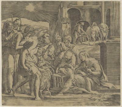 Adoracja pasterzy autorstwa Giovanni Jacopo Caraglio