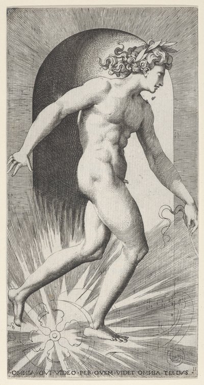 Ilustracja 11: Apollo jadący na swoim rydwanie w niszy, zwrócony w prawo, z serii mitologicznych..., 1526. autorstwa Giovanni Jacopo Caraglio