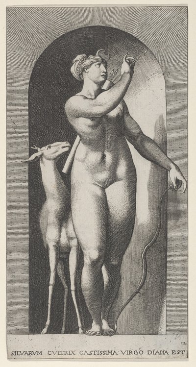 Obrazek 12: Diana stojąca w niszy, skręcająca się w lewo i wyciągająca strzałę z ć..., 1526. autorstwa Giovanni Jacopo Caraglio