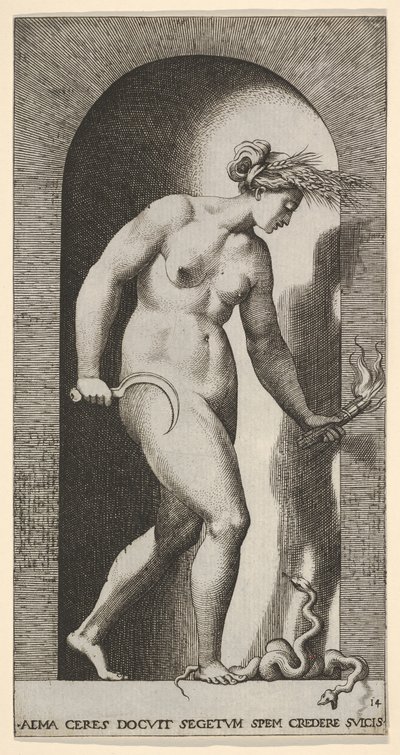 Ilustracja 14: Ceres w niszy, zwrócona w prawo, stojąca nad dwugłowym wężem i trzymająca h..., 1526. autorstwa Giovanni Jacopo Caraglio