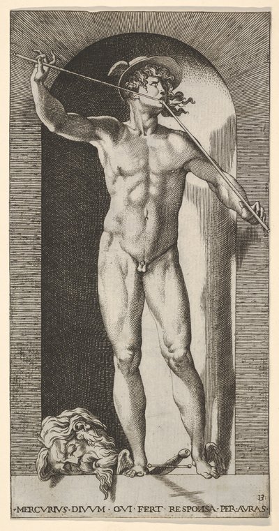 Tablica 14: Merkury stojący w niszy grający na swoich piszczałach, z odciętą głową starego m..., 1526. autorstwa Giovanni Jacopo Caraglio