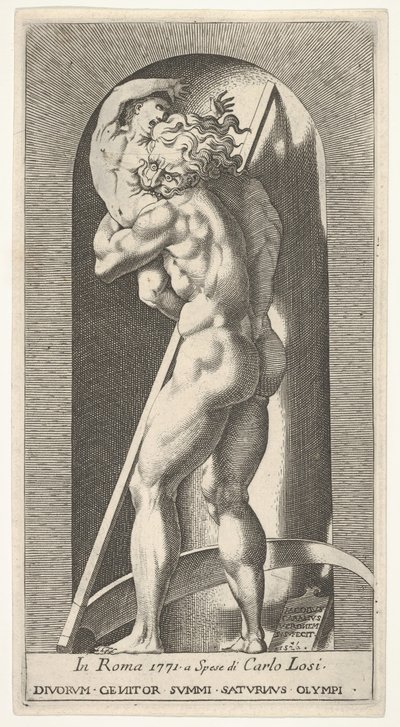 Ilustracja 1: Saturn w niszy pożerający syna, stojący przed kosą, z serii m..., 1526. autorstwa Giovanni Jacopo Caraglio