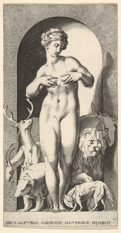 Obrazek 2: Ops stoi w niszy z rękami na piersiach, patrząc w lewo, z ..., 1526. autorstwa Giovanni Jacopo Caraglio