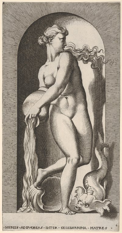 Ilustracja 6: Thetis stojąca w niszy z muszlą i morskim stworzeniem, wylewa wodę z ..., 1526. autorstwa Giovanni Jacopo Caraglio