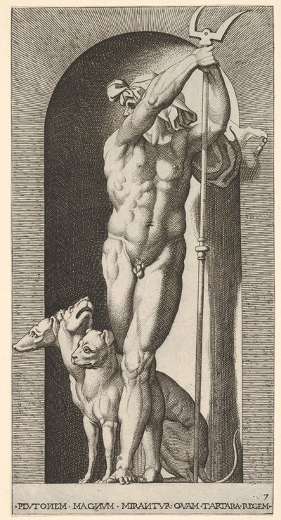 Ilustracja 7: Pluton w niszy, trzymający bident, a obok niego Cerber, z serii m..., 1526. autorstwa Giovanni Jacopo Caraglio