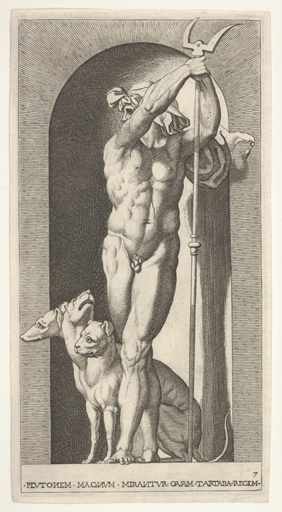Ilustracja 7: Pluton w niszy, trzymający bident, a obok niego Cerber, z serii m..., 1526. autorstwa Giovanni Jacopo Caraglio