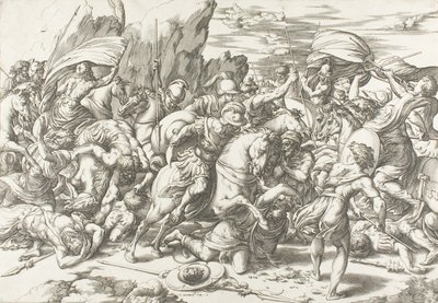 Bitwa wokół tarczy i włóczni autorstwa Giovanni Jacopo Caraglio