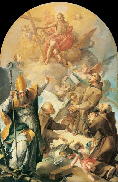 Trzech świętych kapucynów i biskup oddających cześć Chrystusowi i krzyżowi autorstwa Giovanni Lanfranco