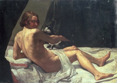 Młody mężczyzna leżący na łóżku z kotem, 1620 autorstwa Giovanni Lanfranco
