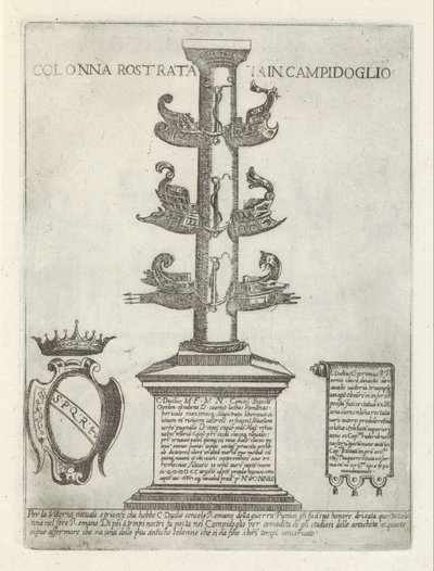Kolumna rostralna Kolumna rostralna w Campidoglio (tytuł na obiekcie) Moderne en antieke monumenten en bouwwerken w Rzymie (tytuł serii) Ozdoby starożytnych i współczesnych budowli miasta Alma w Rzymie (tytuł serii) autorstwa Giovanni Maggi