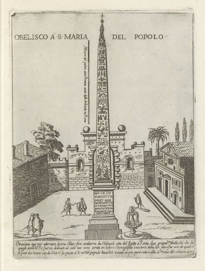 Egipski obelisk Ramzesa II na Piazza del Popolo w Rzymie Obelisco a S. Maria del Popolo (tytuł na obiekcie) Nowoczesne i starożytne zabytki i budynki w Rzymie (tytuł serii) Ornamenti di fabriche antichi et moderni dell