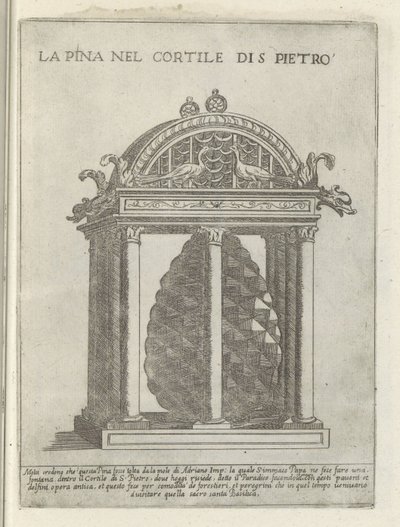 De Pigna te Vaticaanstand La Pina w Cortile di S. Pietro (tytuł na obiekcie) Moderne en antieke monumenten en bouwwerken w Rzymie (tytuł serii) Ozdoby starożytnych i współczesnych budowli miasta Alma w Rzymie (tytuł serii) autorstwa Giovanni Maggi