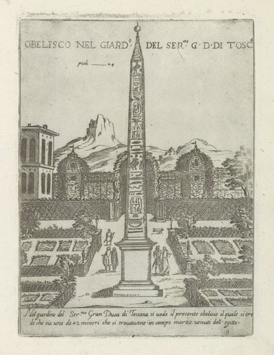 Egipski obelisk w ogrodzie Willi Medici w Rzymie Obelisco nel giard.o del ser.mo G. D. Di Tosc.a (tytuł obiektu) Nowoczesne i starożytne zabytki i budynki w Rzymie (tytuł serii) Ornamenti di fabriche antichi et moderni dell