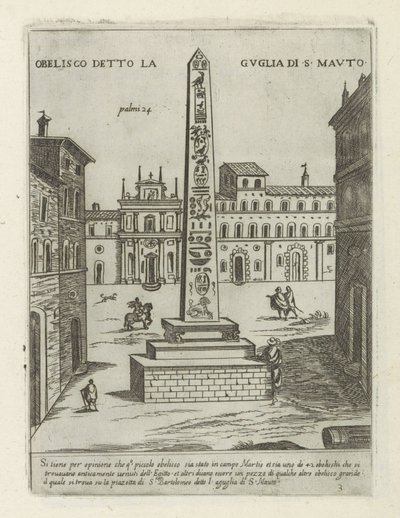 Obelisk w Rzymie Obelisk znany jako Iglica S. Mauto (tytuł na obiekcie) Moderne en antieke monumenten en bouwwerken w Rzymie (tytuł serii) Ozdoby starożytnych i współczesnych budowli miasta Alma w Rzymie (tytuł serii) autorstwa Giovanni Maggi