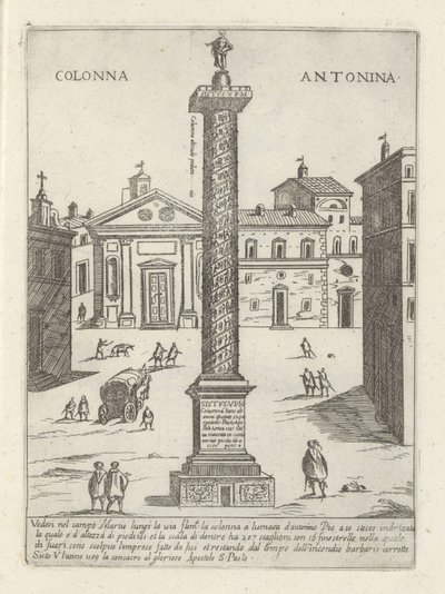 Kolumna Marka Aureliusza w Rzymie Colonna a S. Antonio (tytuł na obiekcie) Nowoczesne i starożytne zabytki i budynki w Rzymie (tytuł serii) Ornamenti di fabriche antichi et moderni dell