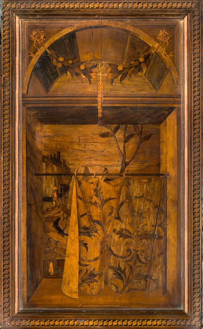 Chór kanoniczny Lignei, inkrustowany przez Giovanniego Marię Platinę 1484, Superior Stall autorstwa Giovanni Maria Platina