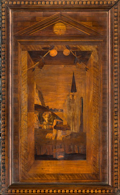 Chór kanoniczny Lignei, inkrustowany przez Giovanniego Marię Platinę 1484, Superior Stall autorstwa Giovanni Maria Platina