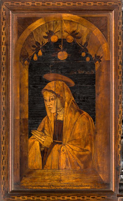 Chór kanoniczny Lignei, inkrustowany przez Giovanniego Marię Platinę 1484, Superior Stall autorstwa Giovanni Maria Platina