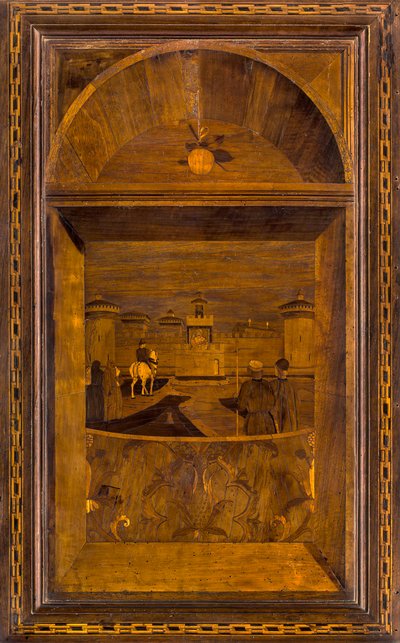 Chór kanoniczny lignejski, inkrustowany przez Giovanniego Marię Platinę 1484, Superior Stallo, Widok na zamek Sforzesco w Mediolanie autorstwa Giovanni Maria Platina