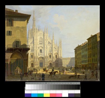 Widok na Piazza Duomo w Mediolanie, 1819-28 autorstwa Giovanni Migliara