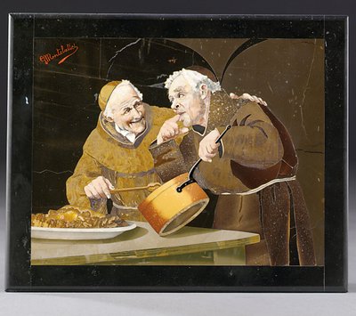 Tablica przedstawiająca dwóch mnichów testujących jedzenie w czarnej ramce, Florencja, początek XX wieku (pietra dura) autorstwa Giovanni Montelatici