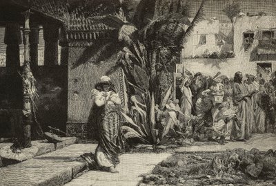Magdalena, kobieta w turbanie i procesja w wiosce na Bliskim Wschodzie, rycina braci Cantagalli z obrazu Giovanniego Muzzioli (1854-1894), Modena, Włochy, z L